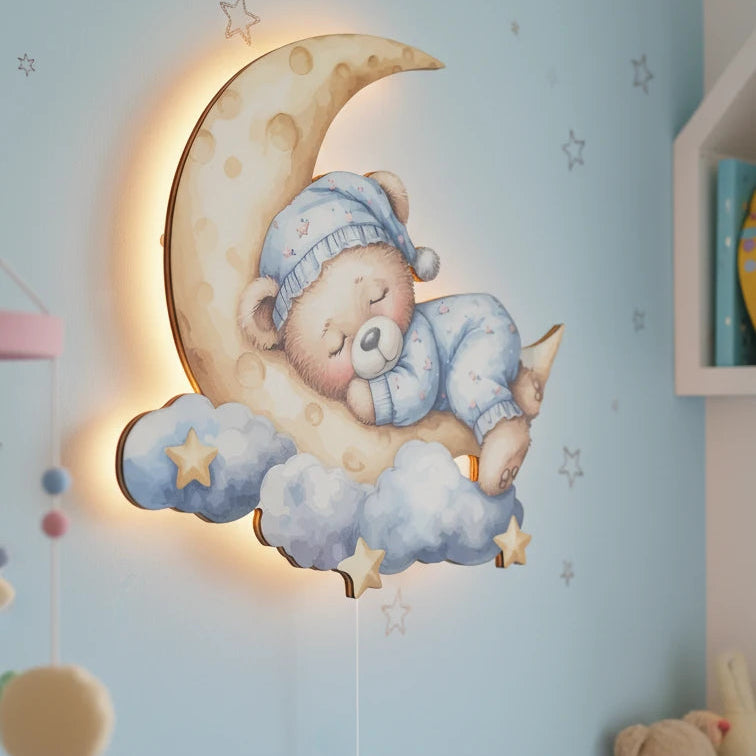 Uyuyan Ayıcık Pilli Led Işıklı Bebek Odası Ahşap Duvar Dekoru - Gece Lambası – kız çocuk elbisesi
