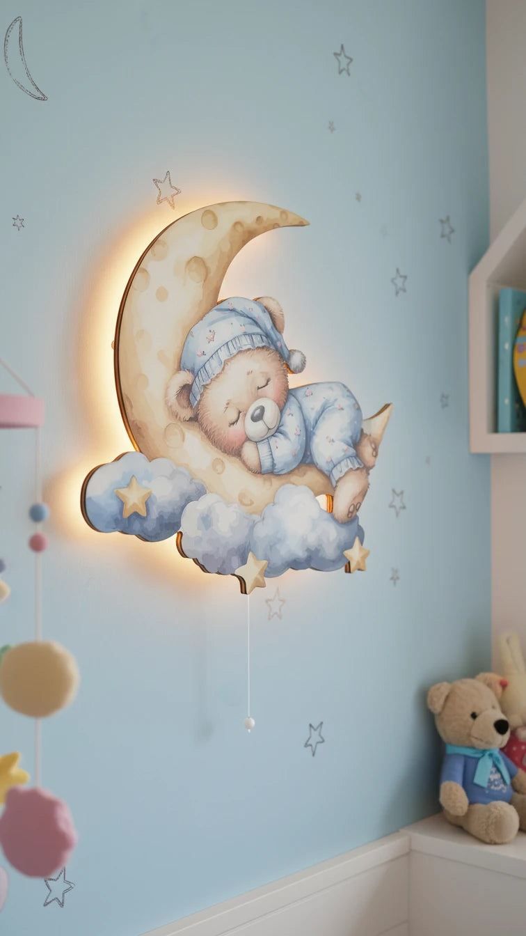 Uyuyan Ayıcık Pilli Led Işıklı Bebek Odası Ahşap Duvar Dekoru - Gece Lambası – kız çocuk elbisesi