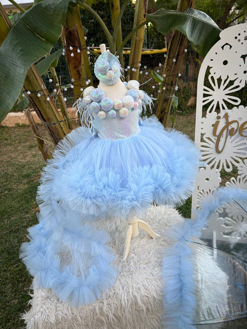 Bebe Mavi Ponponlu Kız Çocuk Abiye - Bebek Parti Kostümü - ipeqakids – kız çocuk elbisesi