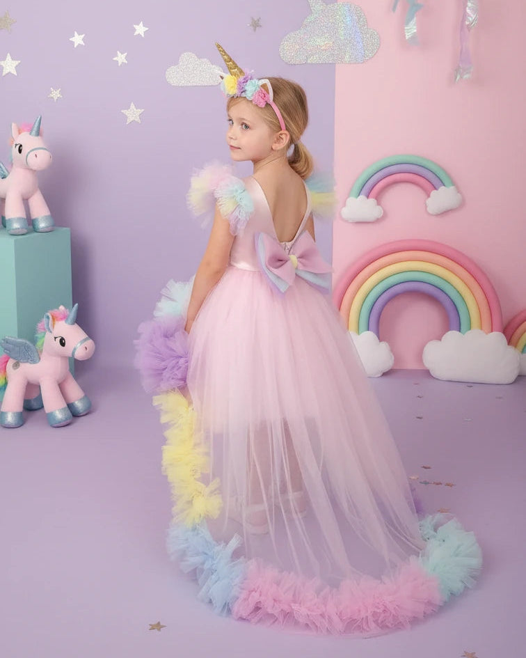 Unicorn Temalı Uzun Kuyruklu Doğumgünü Parti Elbisesi - Bebek Parti Kostümü - ipeqakids – kız çocuk elbisesi