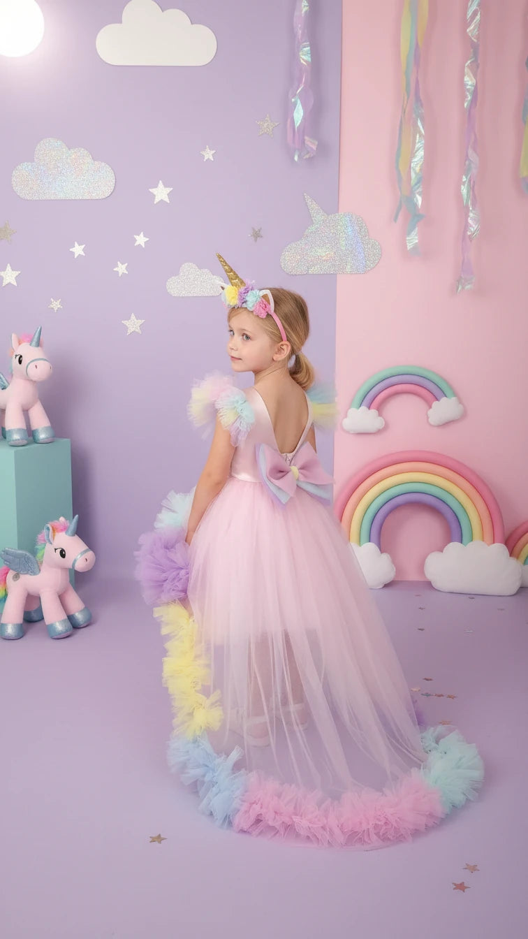 Unicorn Temalı Uzun Kuyruklu Doğumgünü Parti Elbisesi - Bebek Parti Kostümü - ipeqakids – kız çocuk elbisesi