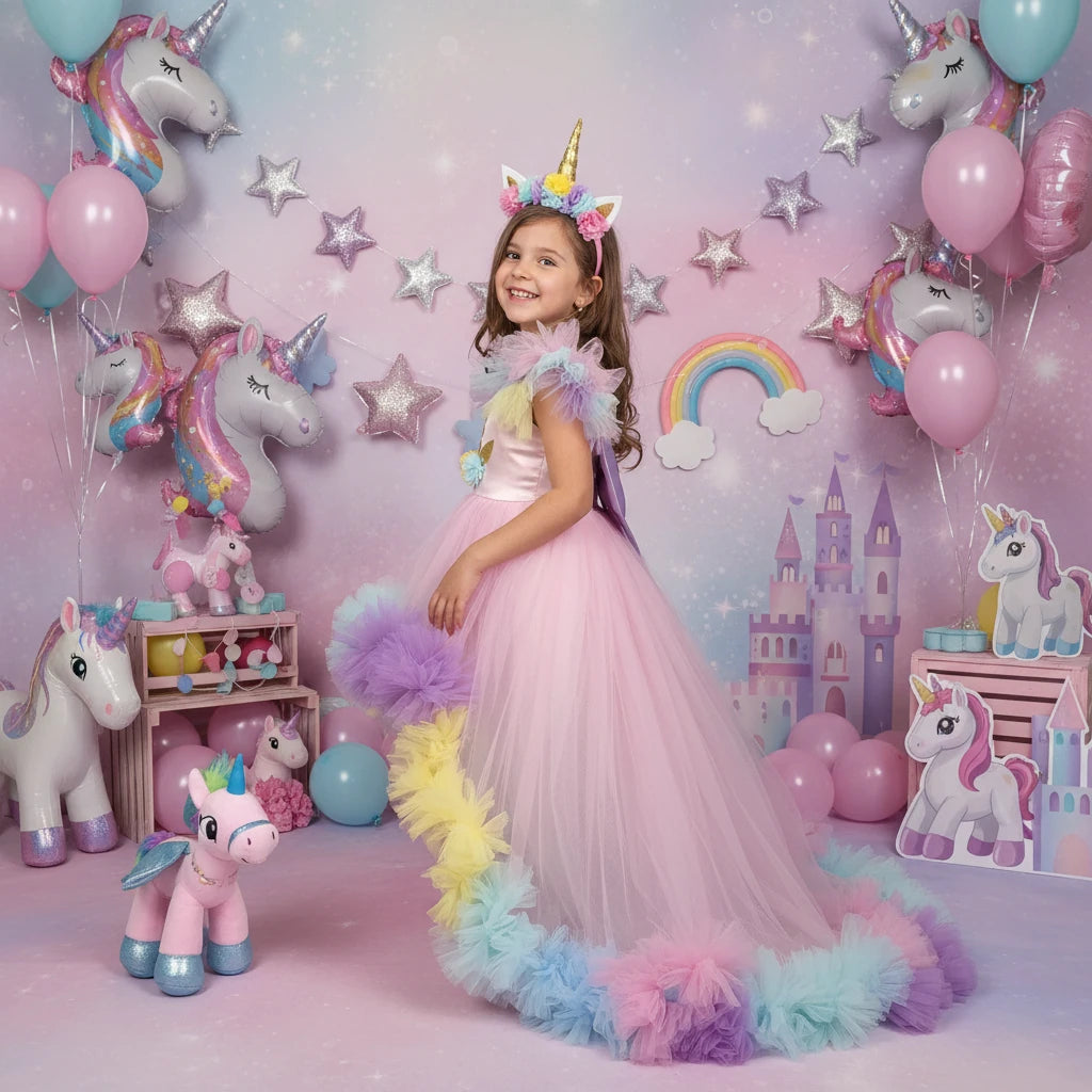 Unicorn Temalı Uzun Kuyruklu Doğumgünü Parti Elbisesi - Bebek Parti Kostümü - ipeqakids – kız çocuk elbisesi