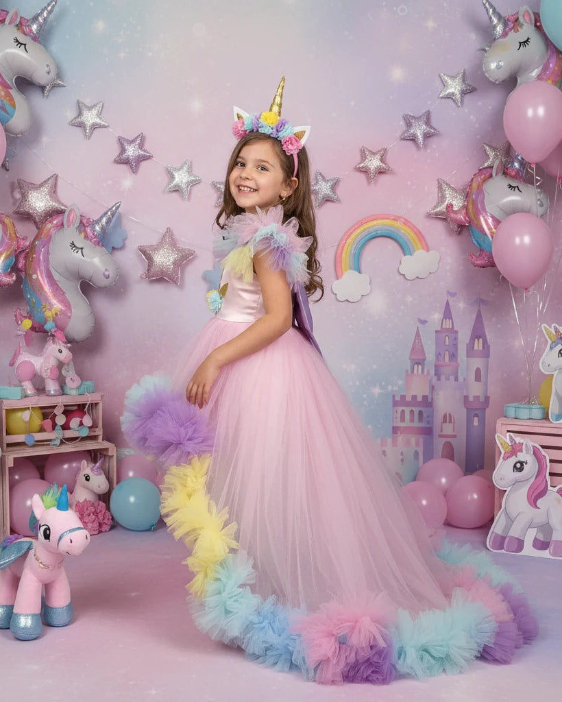 Unicorn Temalı Uzun Kuyruklu Doğumgünü Parti Elbisesi - Bebek Parti Kostümü - ipeqakids – kız çocuk elbisesi