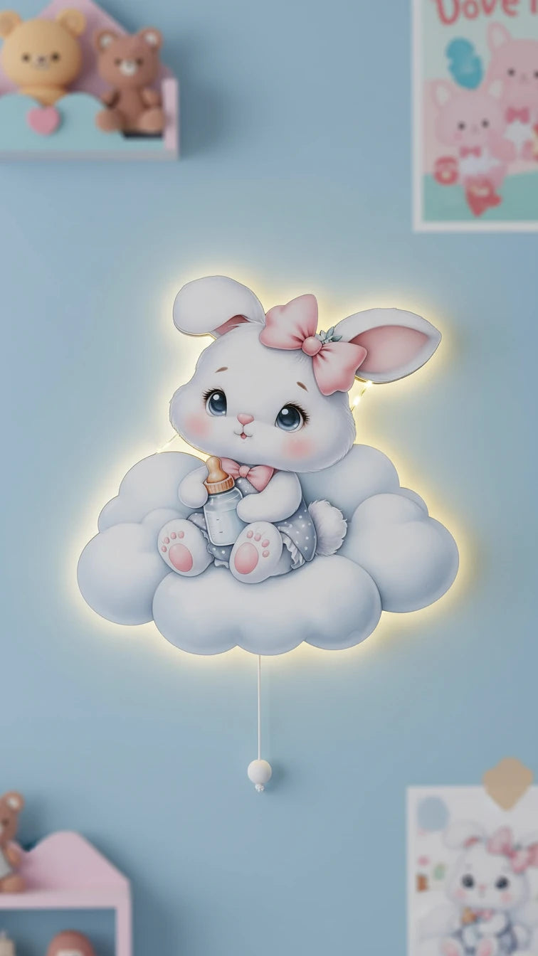 Tavşan Pilli Led Işıklı Ahşap Duvar Dekoru – kız çocuk elbisesi