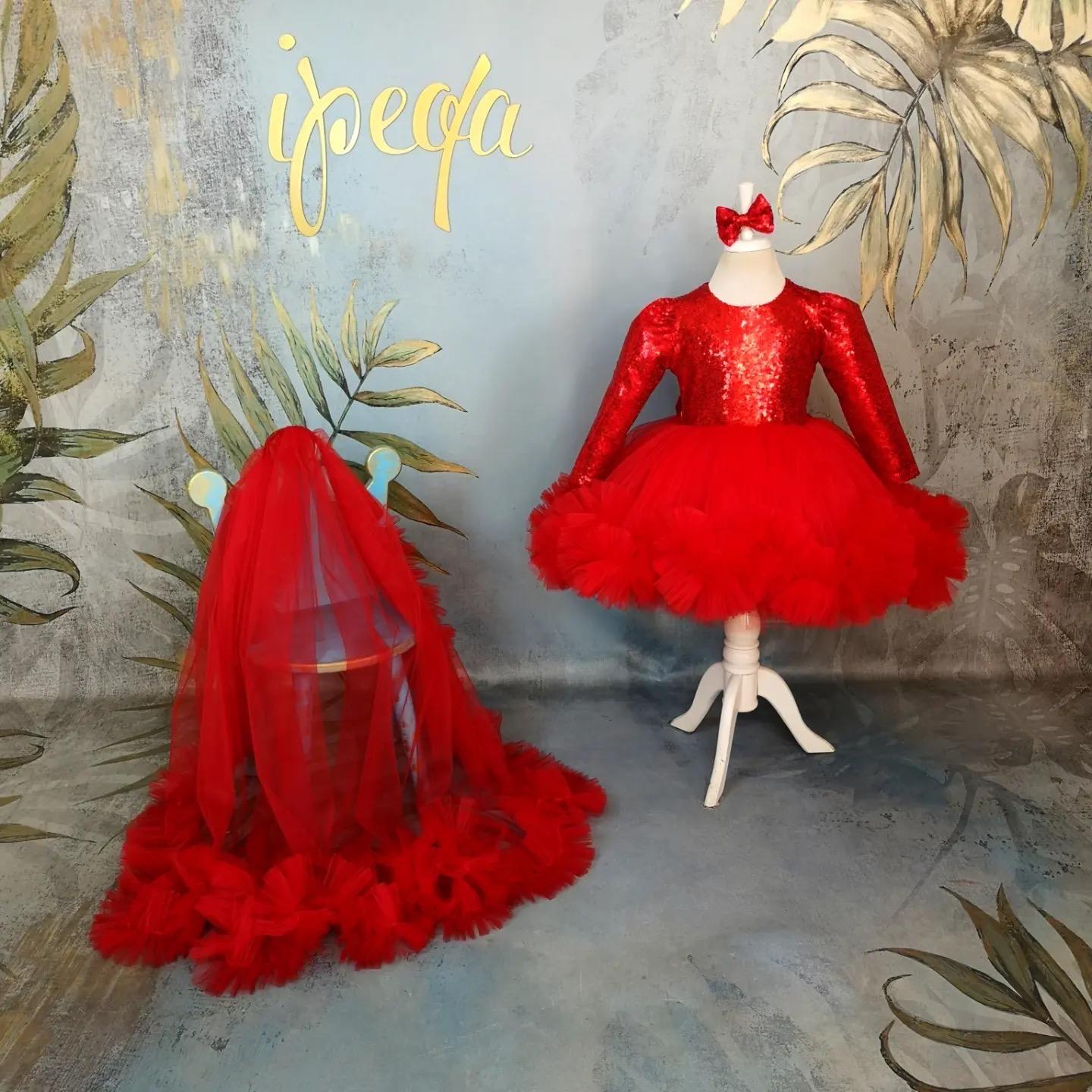 Kırmızı Payetli Uzun Kollu Yılbaşı - Kız Çocuk Abiye - Bebek Doğum Günü Elbisesi - ipeqakids – kız çocuk elbisesi