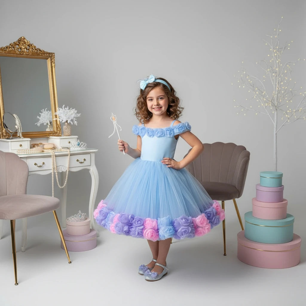 Bebe Mavi Güllü Kız Çocuk Abiye - Bebek Doğum Günü Elbisesi - ipeqakids – kız çocuk elbisesi