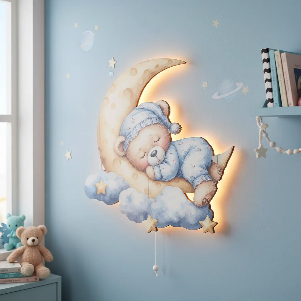 Uyuyan Ayıcık Pilli Led Işıklı Bebek Odası Ahşap Duvar Dekoru - Gece Lambası – kız çocuk elbisesi