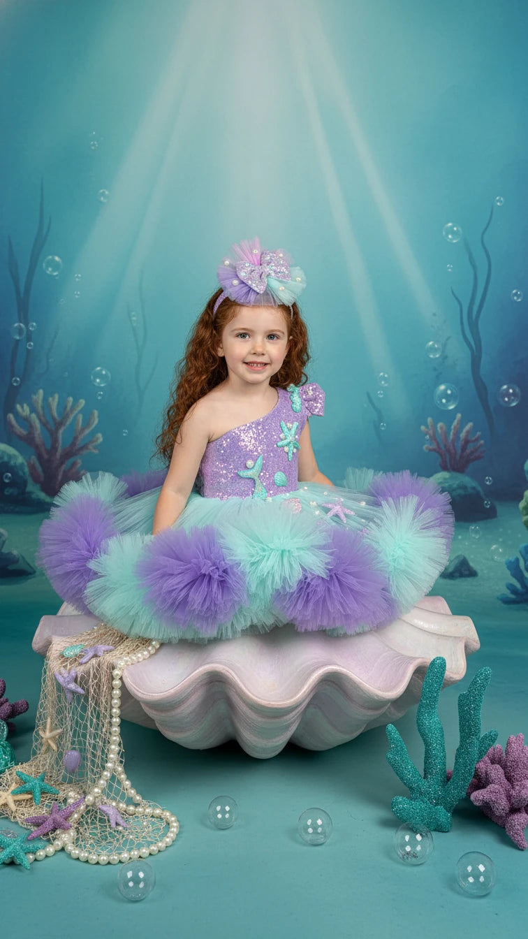 Deniz kızı Temalı Yeşil Lila Doğumgünü Parti Elbisesi - Bebek Parti Kostümü - ipeqakids – kız çocuk elbisesi