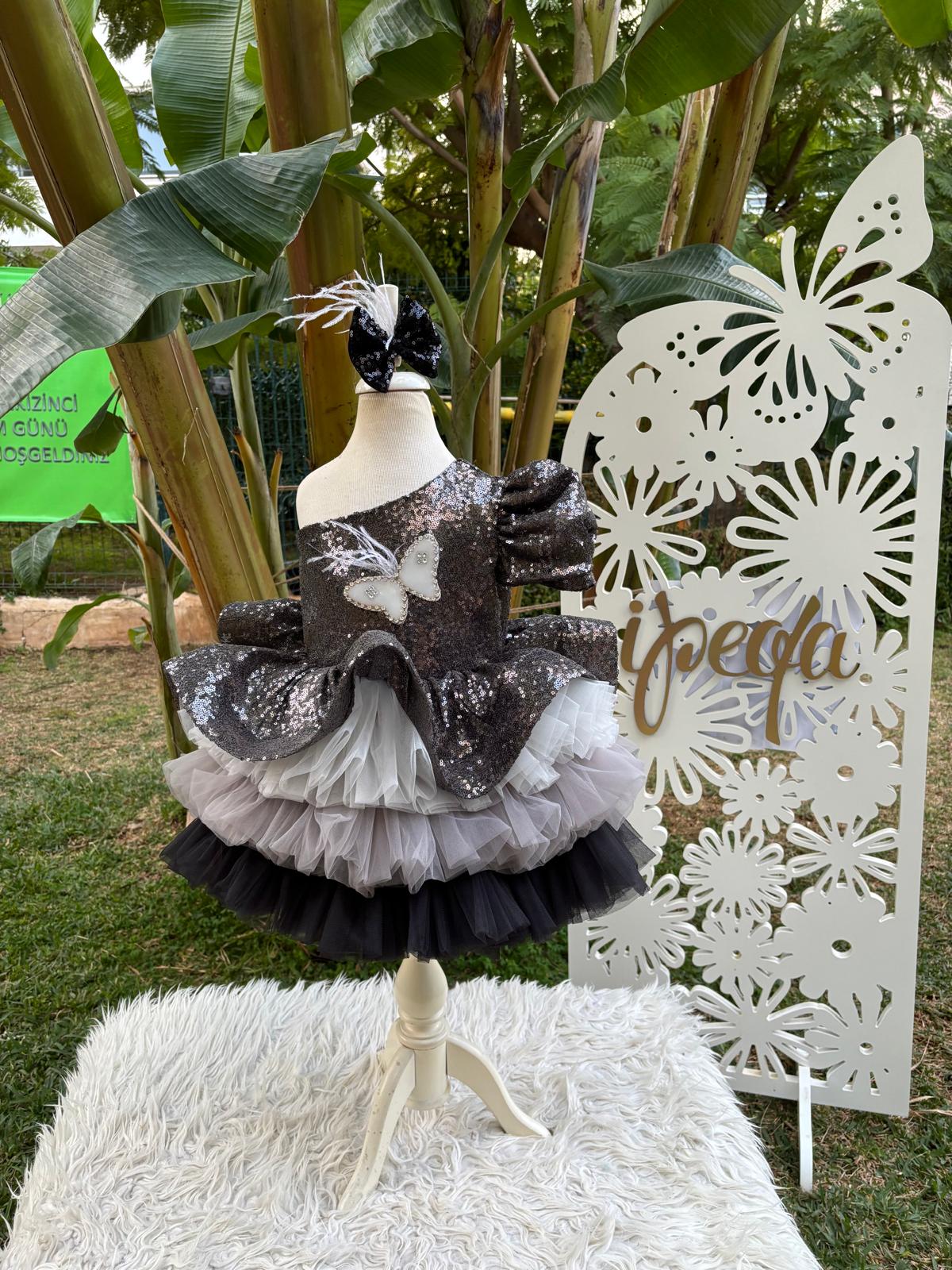 Antrasit Payetli Kız Çocuk Abiye - Bebek Doğum Günü Elbisesi - ipeqakids – kız çocuk elbisesi