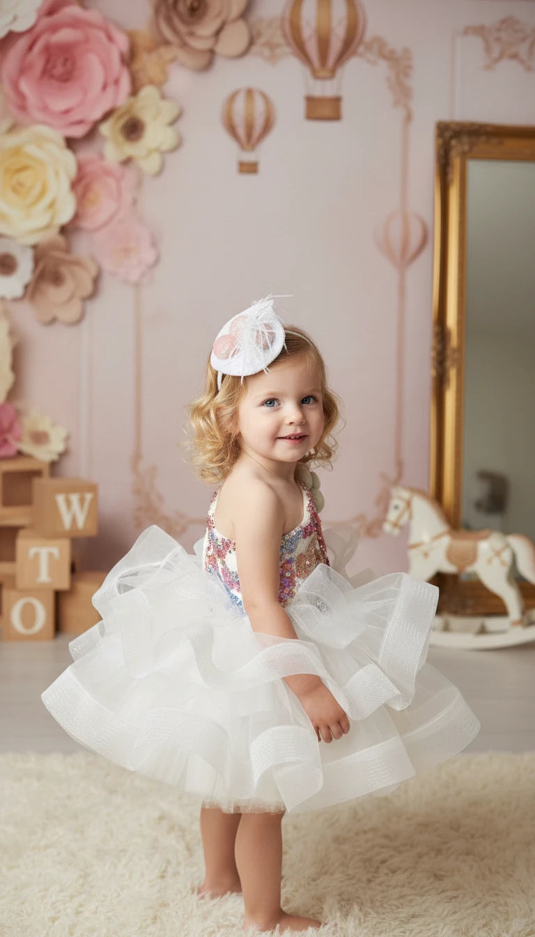 Beyaz Somon Ponponlu Kız Çocuk Abiye - Bebek Parti Kostümü - ipeqakids – kız çocuk elbisesi