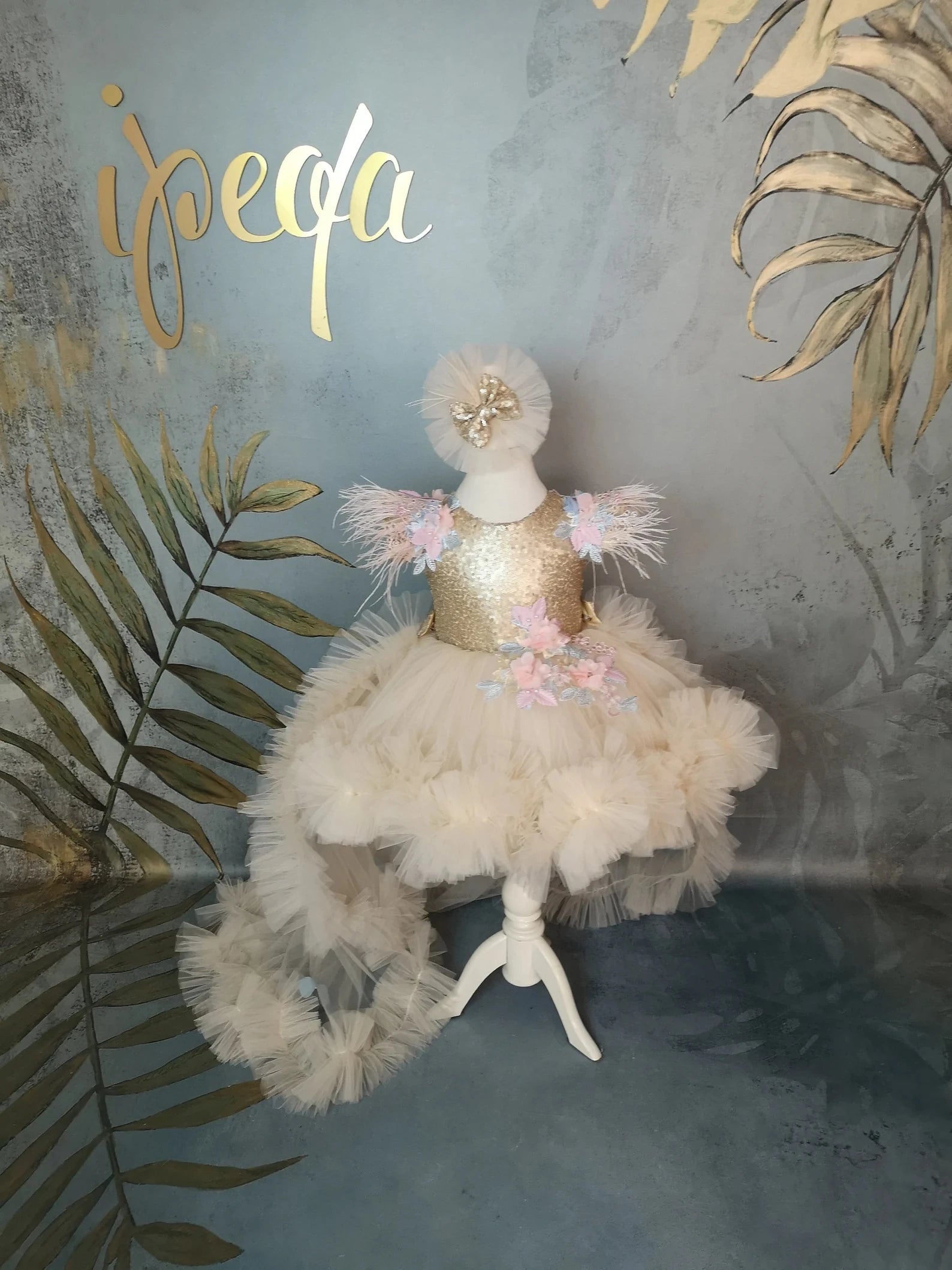 Bej Rengi Kelebekli Güpürlü Kız Çocuk Abiye - Bebek Parti Kostümü - ipeqakids – kız çocuk elbisesi