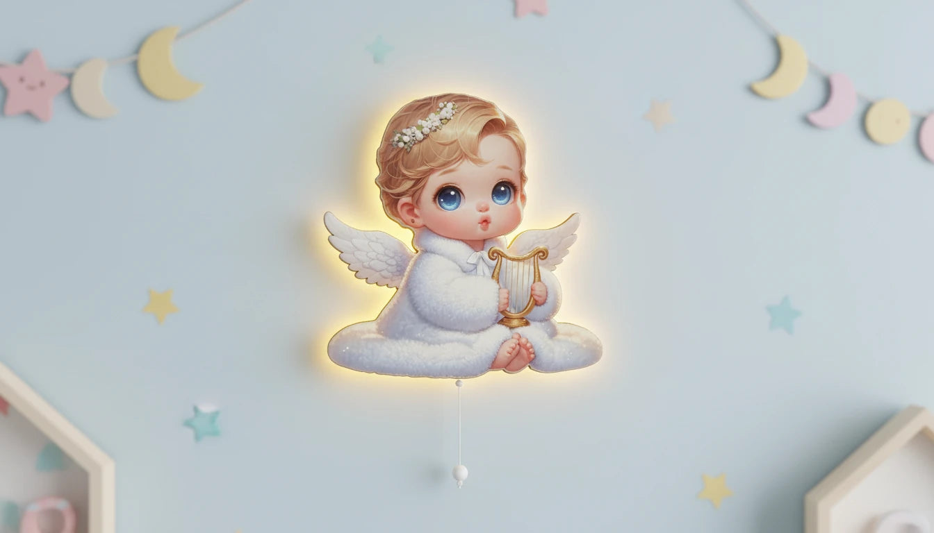 Bebek Melek Pilli Led Işıklı Bebek Odası Ahşap Duvar Dekoru - Gece Lambası – kız çocuk elbisesi