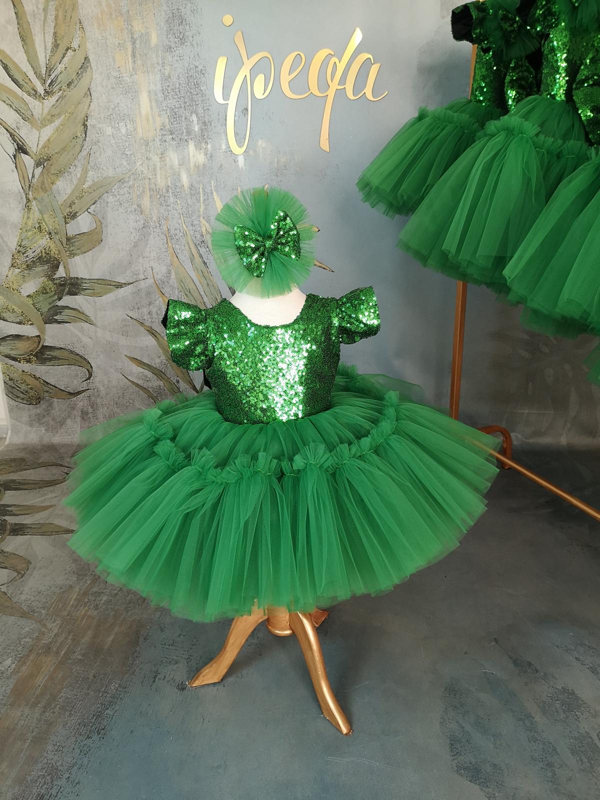 Yılbaşı Yeşil Tütülü Kabarık Kız Çocuk Abiye - Bebek Doğum Günü Elbisesi - ipeqakids – kız çocuk elbisesi