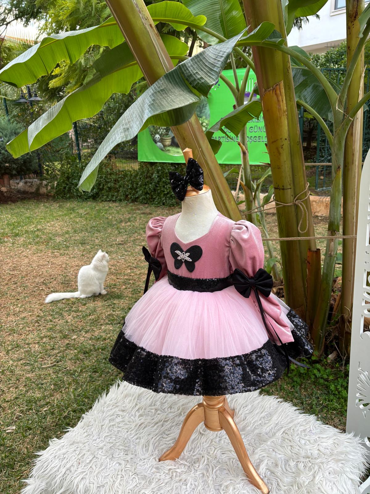 Pudra Kadife ve Payetli Kız Çocuk Abiye - Bebek Doğum Günü Elbisesi - ipeqakids – kız çocuk elbisesi