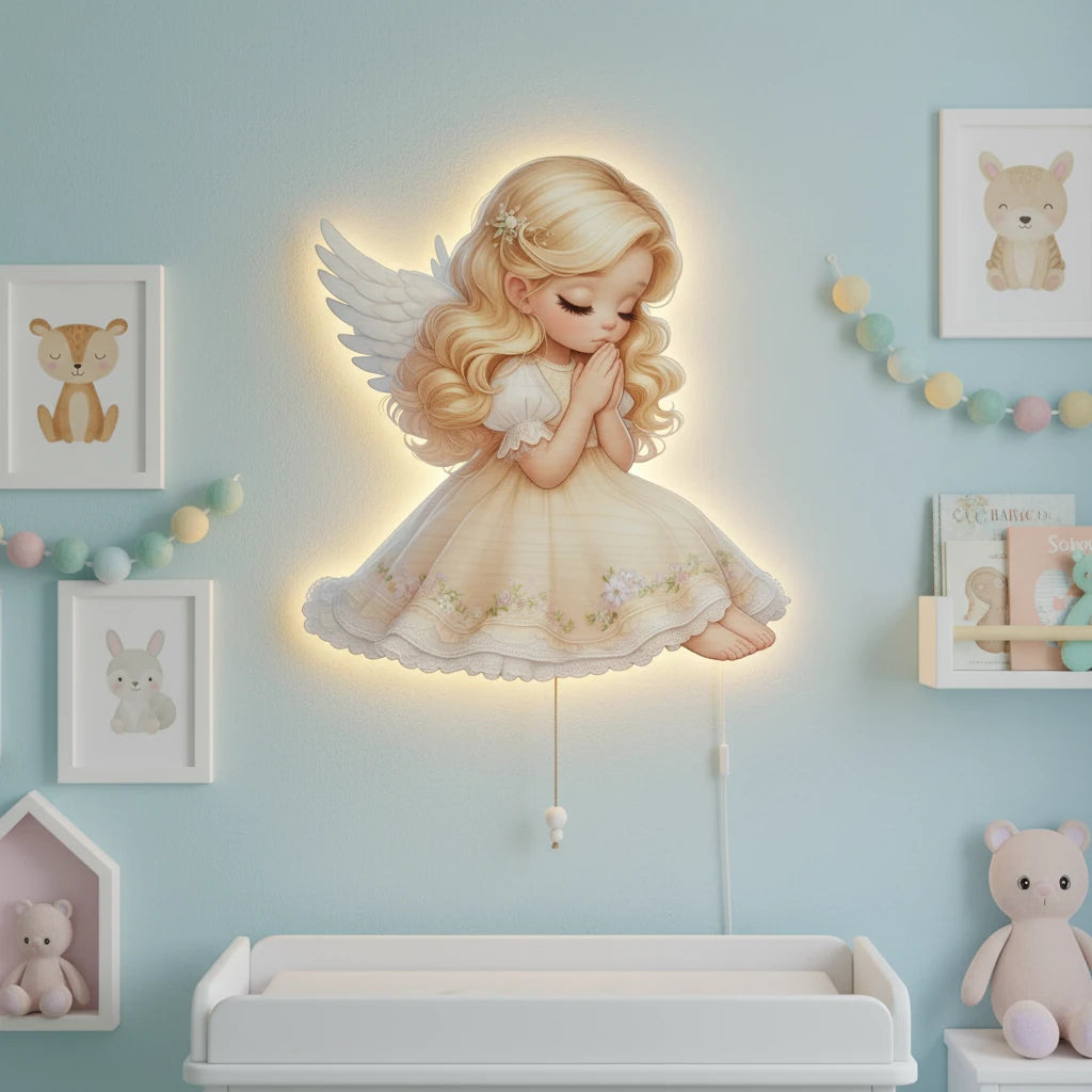 Melek Pilli Led Işıklı Ahşap Duvar Dekoru – kız çocuk elbisesi