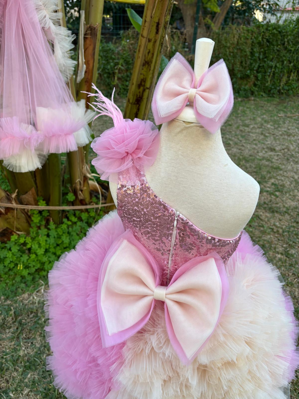 Pembe Bej Tütülü Kız Çocuk Abiye - Bebek Parti Kostümü - ipeqakids – kız çocuk elbisesi