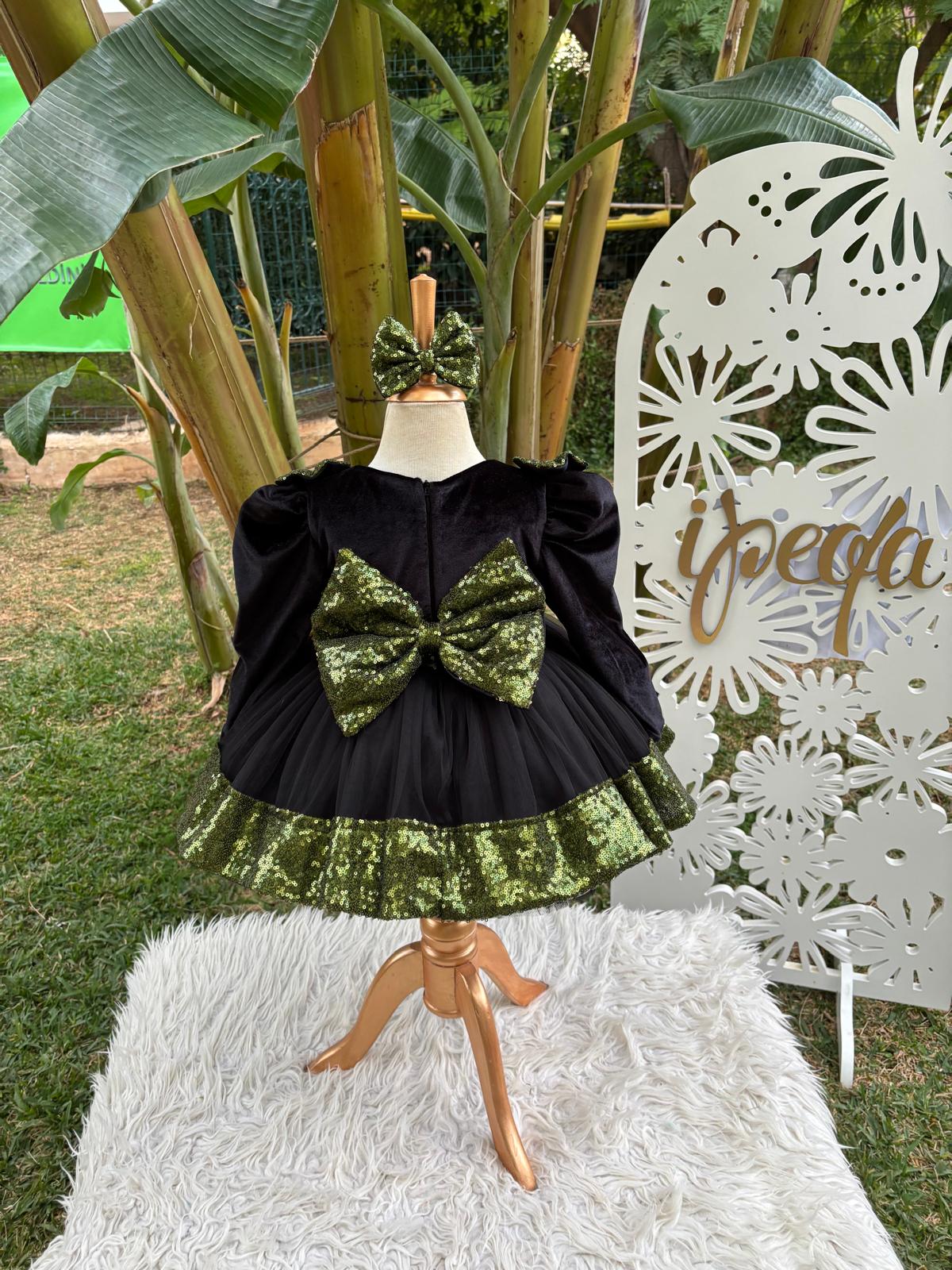 Yeşil Siyah Kadife ve Payetli Kız Çocuk Abiye - Bebek Doğum Günü Elbisesi - ipeqakids – kız çocuk elbisesi