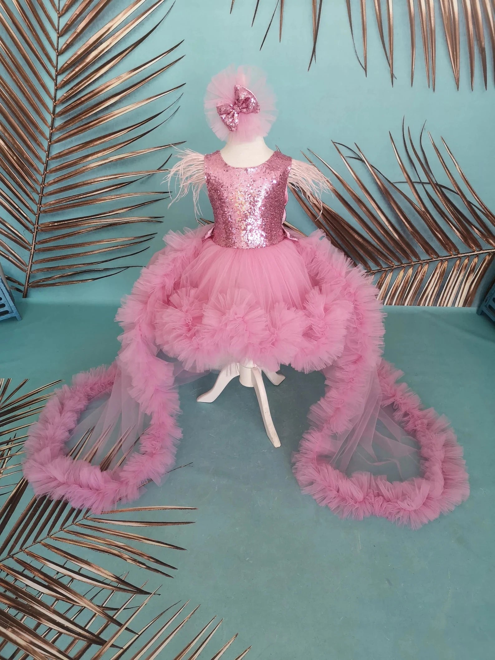 Pembe Kız Çocuk Abiye - Bebek Parti Elbisesi - Kuyruk Seçeneği – kız çocuk elbisesi