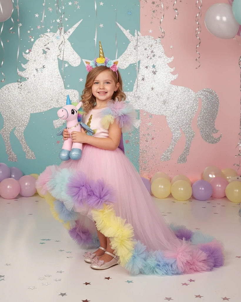Unicorn Temalı Uzun Kuyruklu Doğumgünü Parti Elbisesi - Bebek Parti Kostümü - ipeqakids – kız çocuk elbisesi