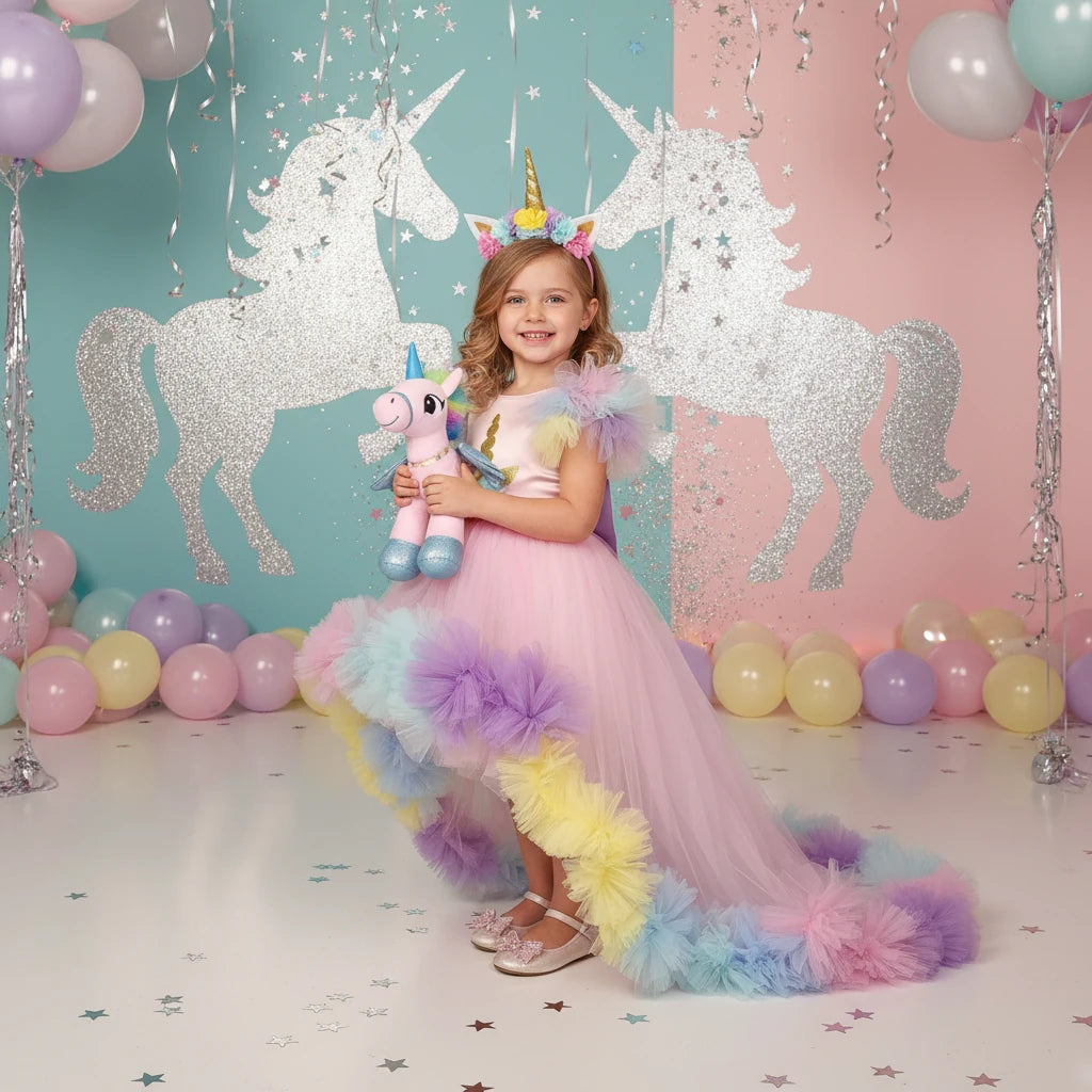 Unicorn Temalı Uzun Kuyruklu Doğumgünü Parti Elbisesi - Bebek Parti Kostümü - ipeqakids – kız çocuk elbisesi
