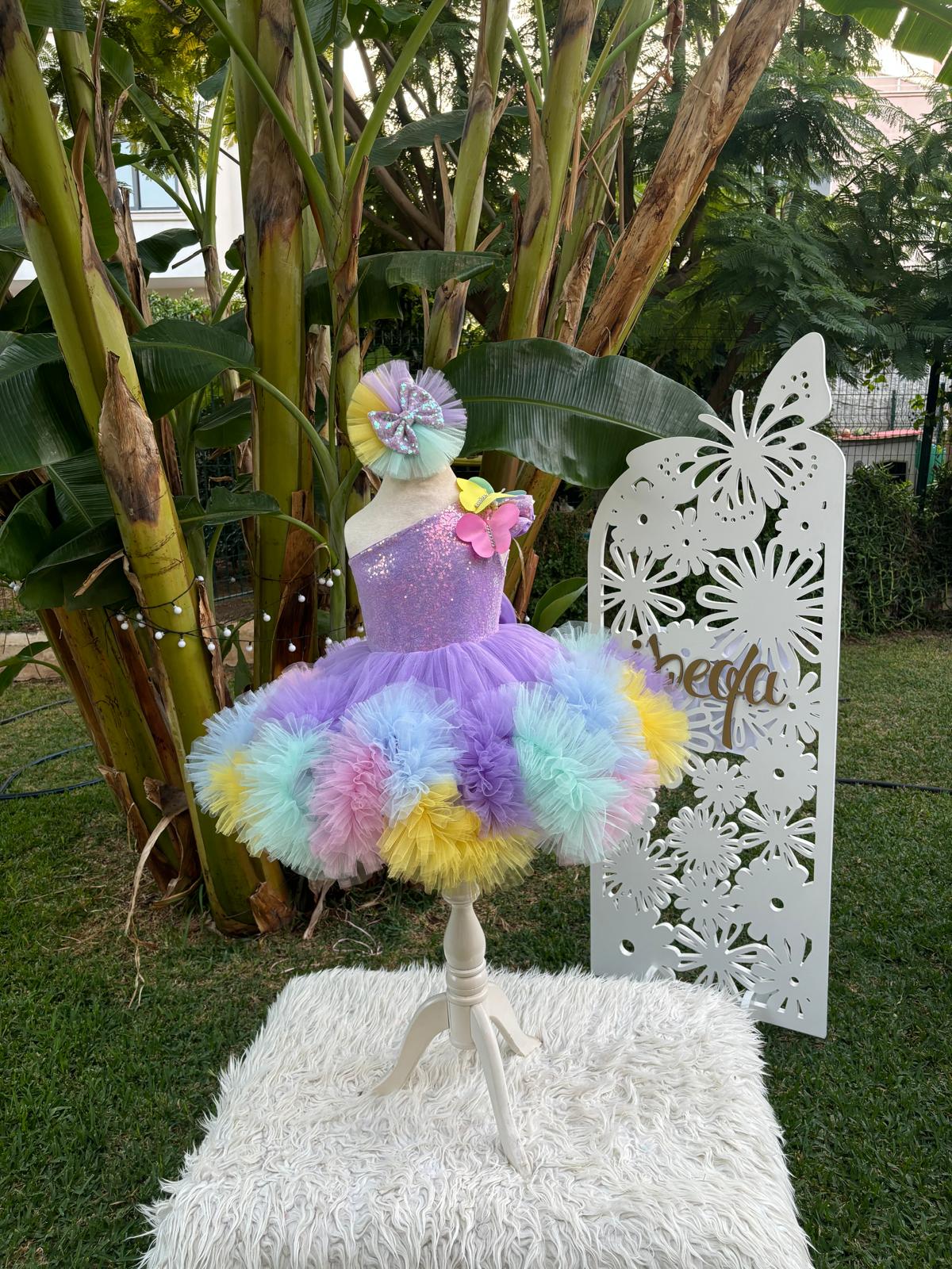 Çok Renkli Kelebekli Extra Kabarık Kız Çocuk Abiye - Bebek Doğum Günü Elbisesi - ipeqakids – kız çocuk elbisesi