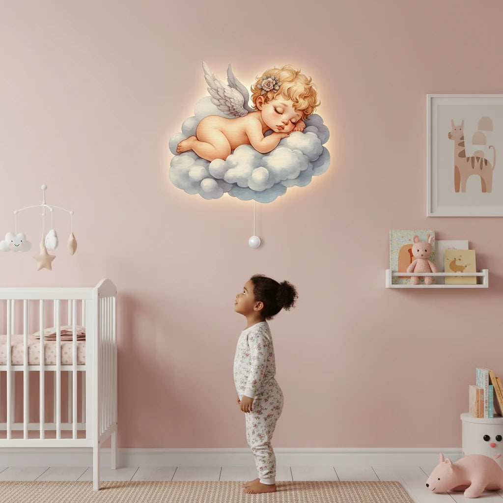 Bebek Melek Pilli Led Işıklı Ahşap Duvar Dekoru – kız çocuk elbisesi