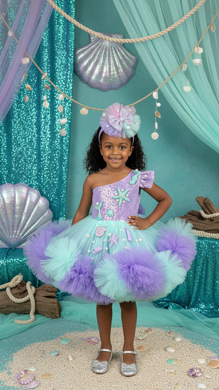 Deniz kızı Temalı Yeşil Lila Doğumgünü Parti Elbisesi - Bebek Parti Kostümü - ipeqakids – kız çocuk elbisesi