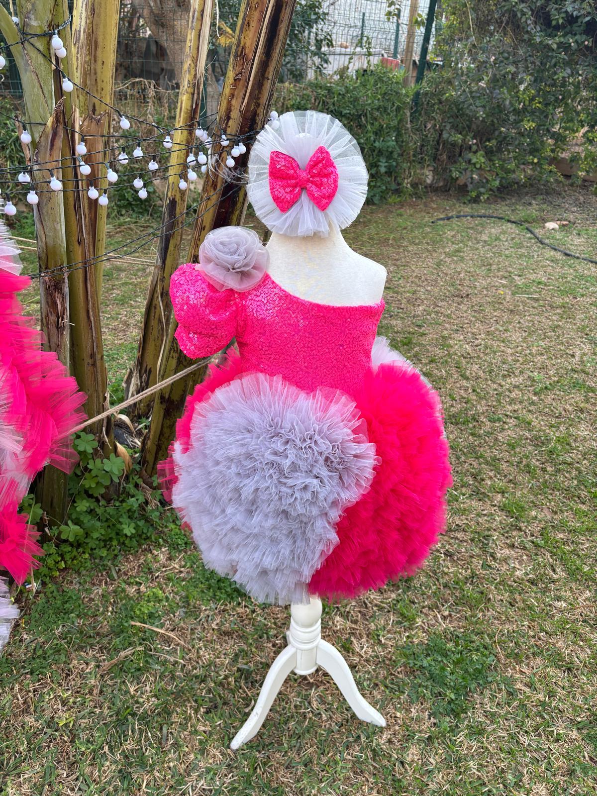 Fuşya Gri Tütülü Kız Çocuk Abiye - Bebek Parti Kostümü - ipeqakids – kız çocuk elbisesi