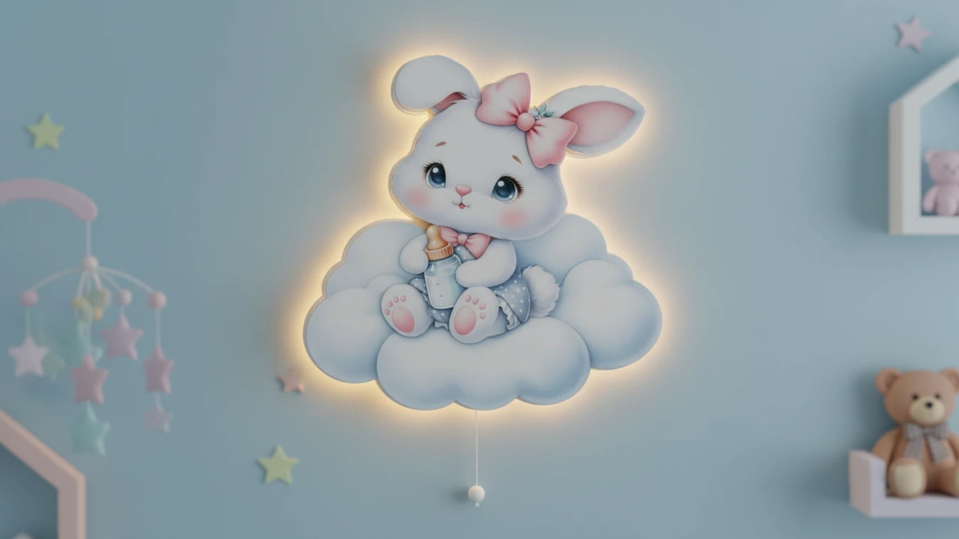 Tavşan Pilli Led Işıklı Ahşap Duvar Dekoru – kız çocuk elbisesi