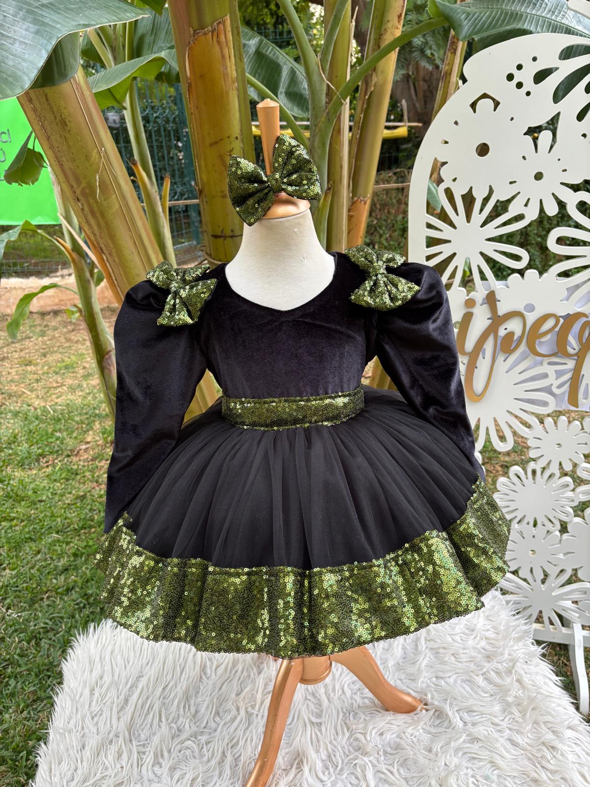 Yeşil Siyah Kadife ve Payetli Kız Çocuk Abiye - Bebek Doğum Günü Elbisesi - ipeqakids – kız çocuk elbisesi