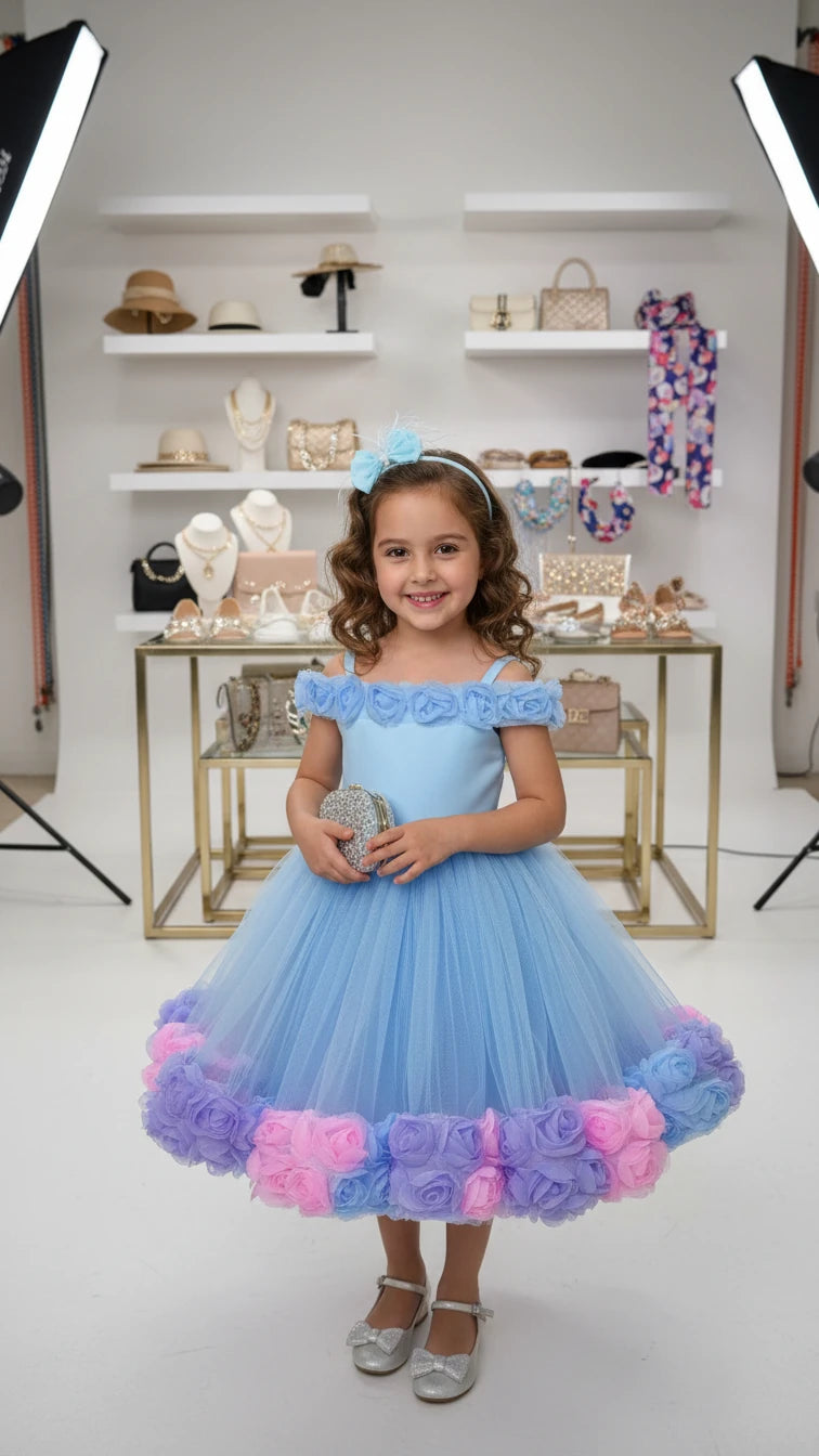 Bebe Mavi Güllü Kız Çocuk Abiye - Bebek Doğum Günü Elbisesi - ipeqakids – kız çocuk elbisesi