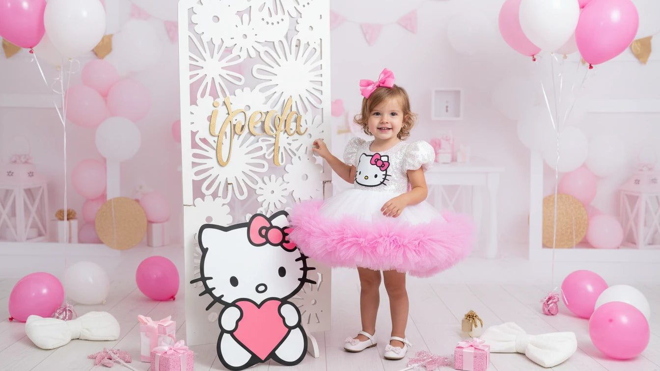 Pembe Hello Kitty Kız Çocuk Abiye - Bebek Doğum Günü Elbisesi - ipeqakids – kız çocuk elbisesi