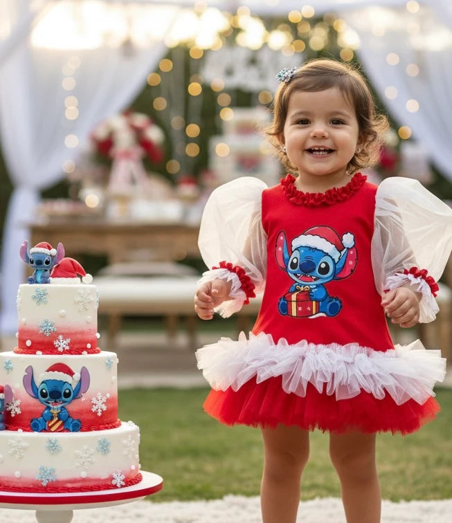 Yılbaşı Temalı Stitch Kırmızı Kız Çocuk Elbisesi - ipeqakids – kız çocuk elbisesi