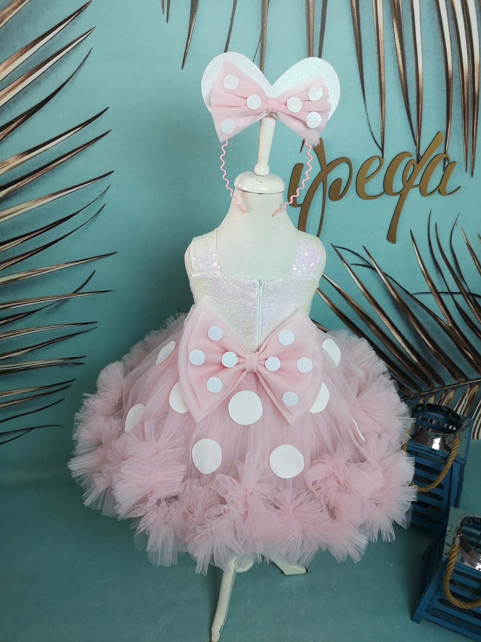 Kız Çocuk Purda Beyaz Minnie Mouse Kostümü TAÇ DAHİL- Çocuk Abiye Elbise -ipeqakids  – kız çocuk elbisesi