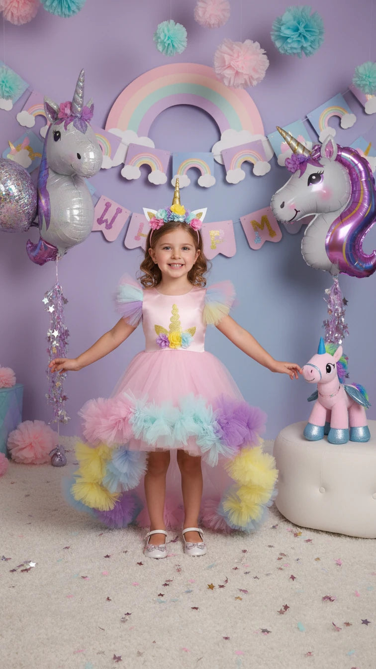 Unicorn Temalı Uzun Kuyruklu Doğumgünü Parti Elbisesi - Bebek Parti Kostümü - ipeqakids – kız çocuk elbisesi