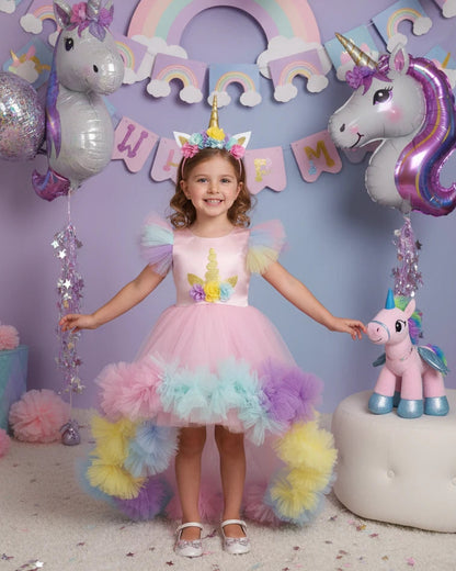 Unicorn Temalı Uzun Kuyruklu Doğumgünü Parti Elbisesi - Bebek Parti Kostümü - ipeqakids – kız çocuk elbisesi