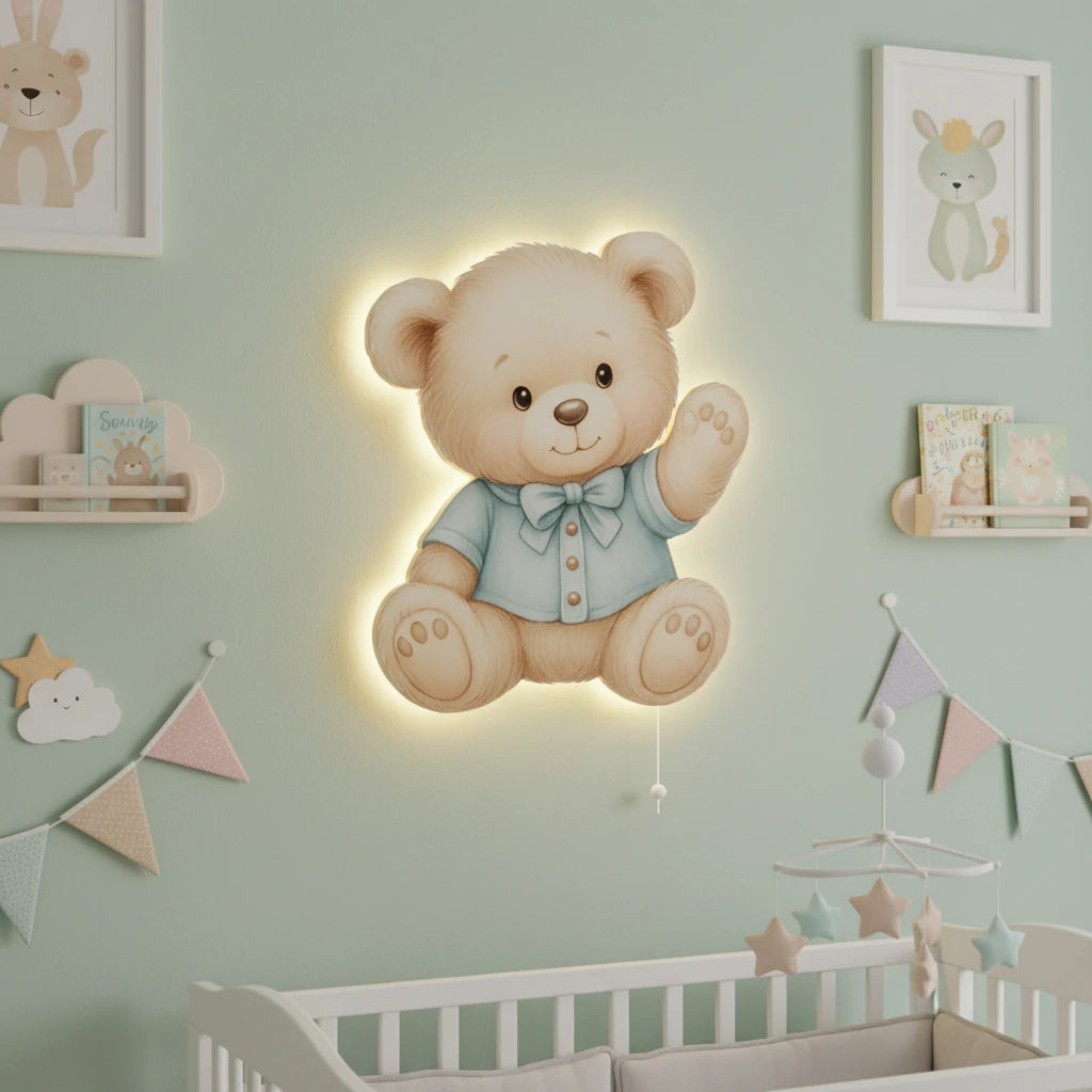 Ayıcık Tedy Bear Pilli Led Işıklı Bebek Odası Ahşap Duvar Dekoru - Gece Lambası – kız çocuk elbisesi