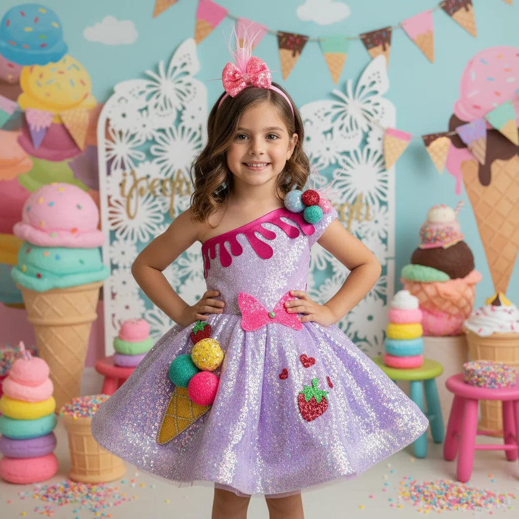 Dondurma Çilek Temalı Kız Çocuk Abiye - Bebek Parti Kostümü - ipeqakids – kız çocuk elbisesi