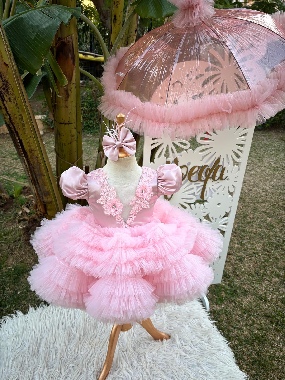 Pudra Pembe Tüllü Gipürlü Kız Çocuk Abiye - Bebek Parti Kostümü - ipeqakids – kız çocuk elbisesi