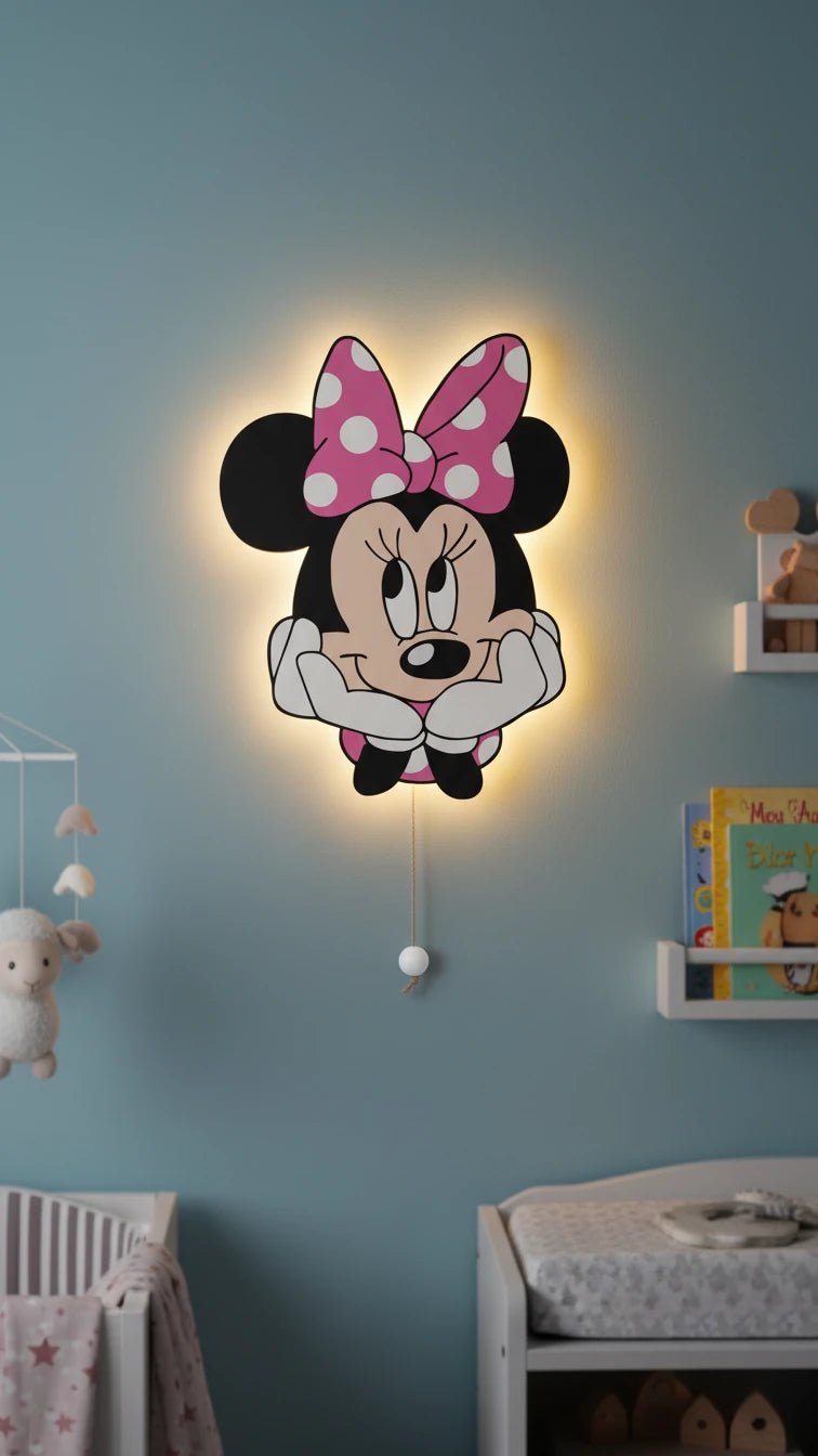 Minnie Mouse Pilli Led Işıklı Bebek Odası Ahşap Duvar Dekoru - Gece Lambası – kız çocuk elbisesi