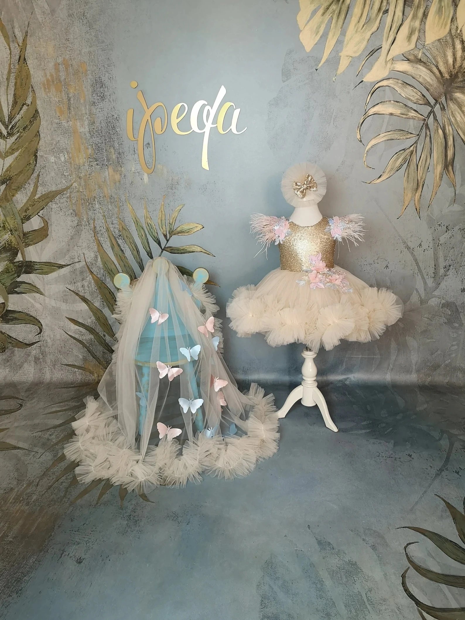 Bej Rengi Kelebekli Güpürlü Kız Çocuk Abiye - Bebek Parti Kostümü - ipeqakids – kız çocuk elbisesi