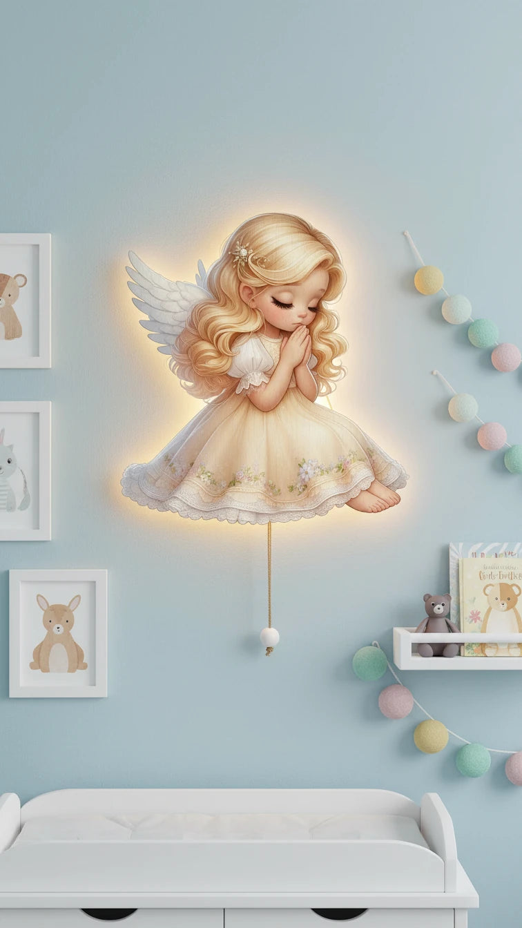 Melek Pilli Led Işıklı Ahşap Duvar Dekoru – kız çocuk elbisesi