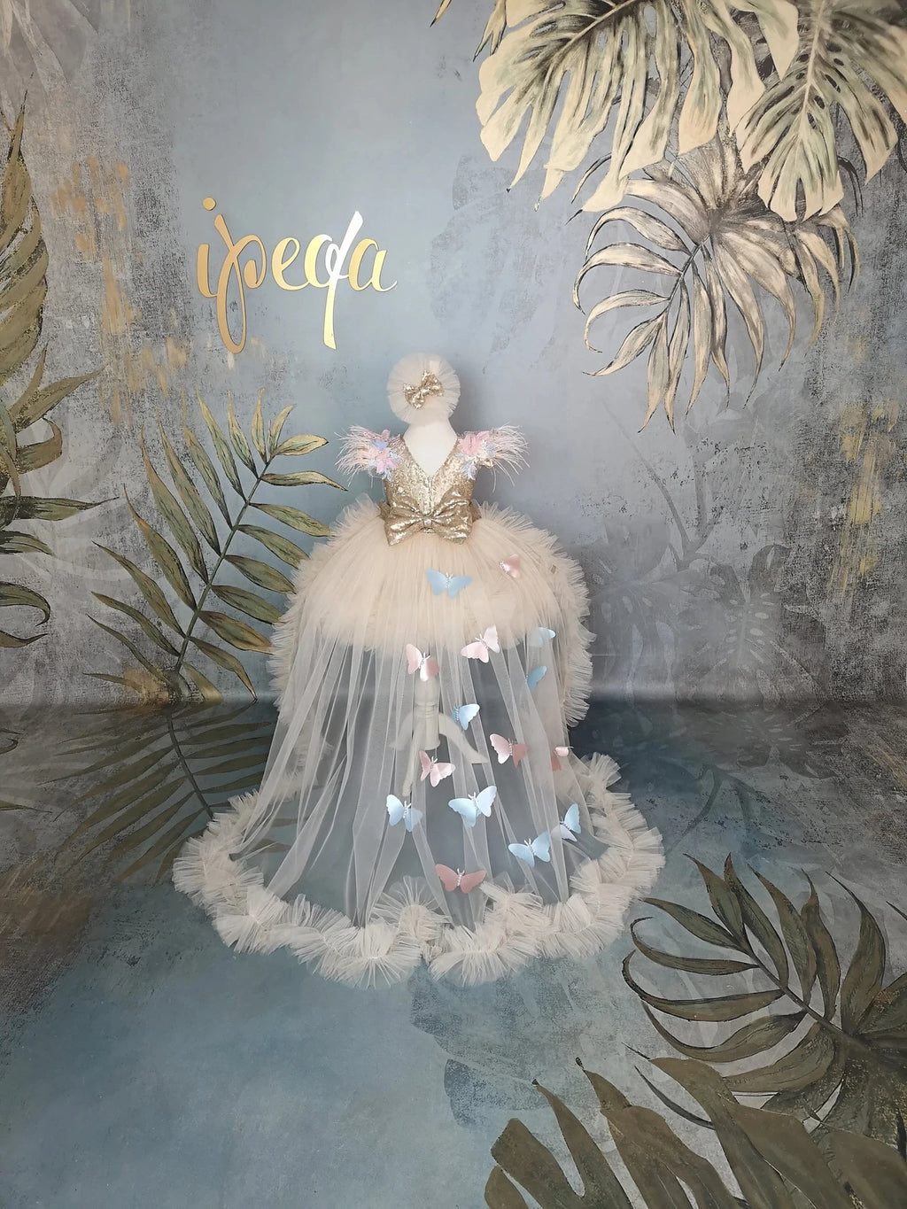 Bej Rengi Kelebekli Güpürlü Kız Çocuk Abiye - Bebek Parti Kostümü - ipeqakids – kız çocuk elbisesi