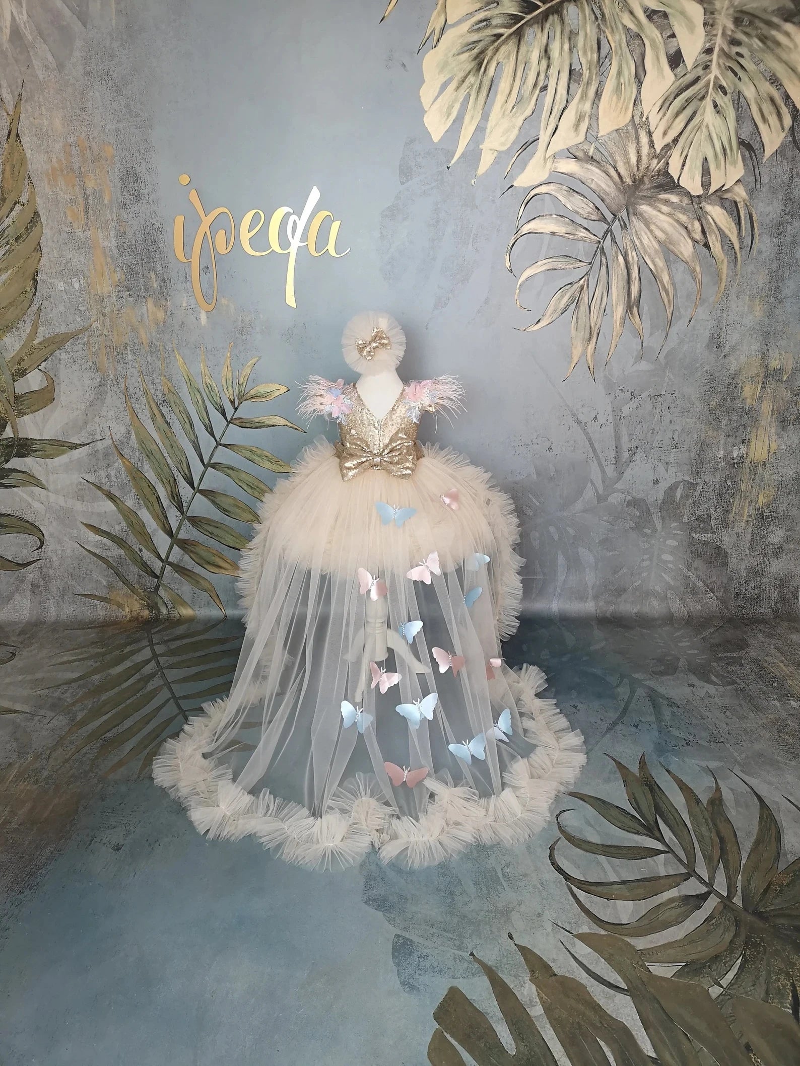 Bej Rengi Kelebekli Güpürlü Kız Çocuk Abiye - Bebek Parti Kostümü - ipeqakids – kız çocuk elbisesi