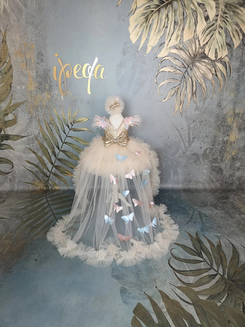 Bej Rengi Kelebekli Güpürlü Kız Çocuk Abiye - Bebek Parti Kostümü - ipeqakids – kız çocuk elbisesi