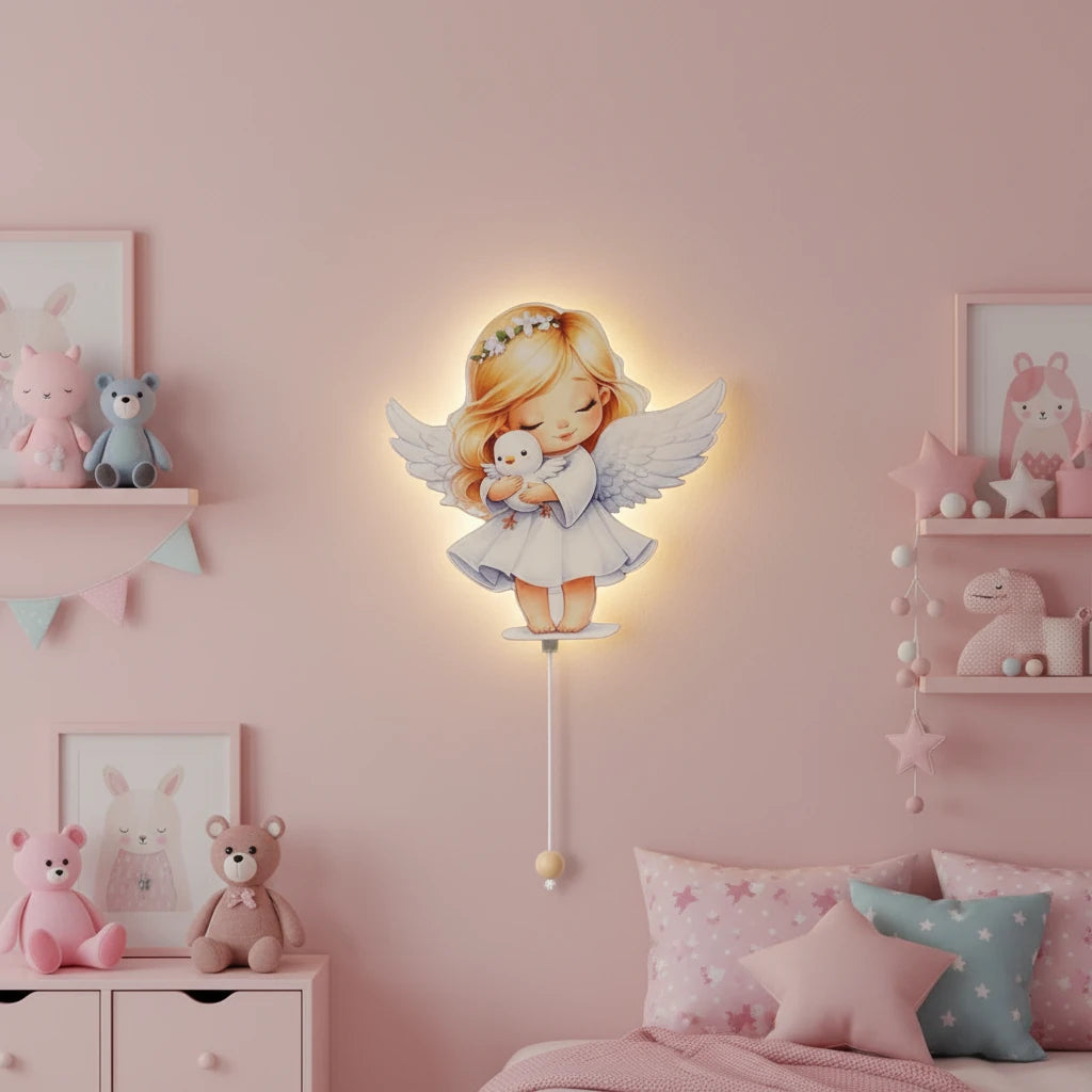 Melek Pilli Led Işıklı Ahşap Duvar Dekoru – kız çocuk elbisesi