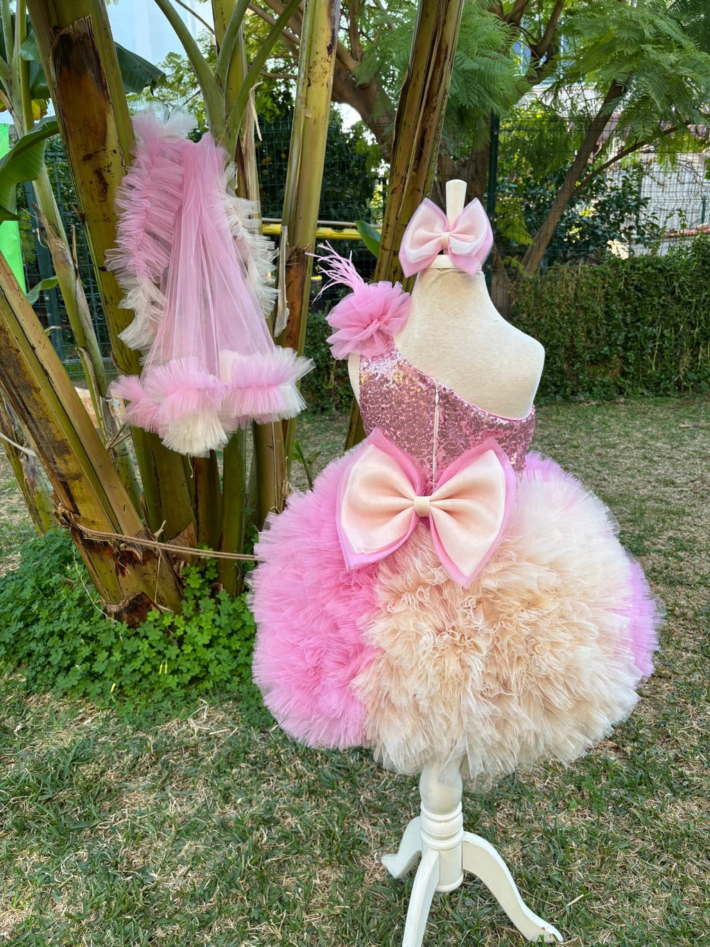 Pembe Bej Tütülü Kız Çocuk Abiye - Bebek Parti Kostümü - ipeqakids – kız çocuk elbisesi