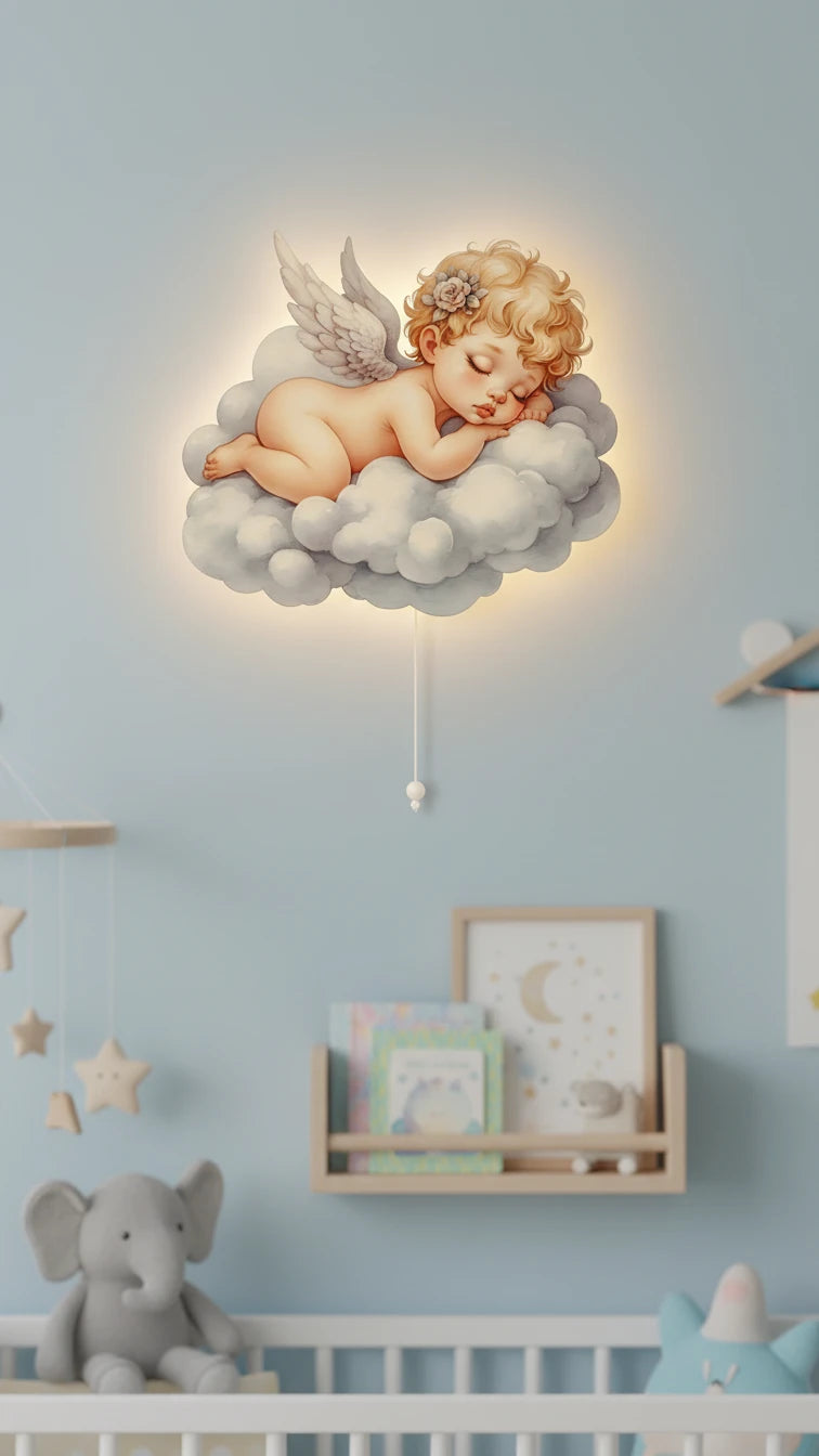 Bebek Melek Pilli Led Işıklı Ahşap Duvar Dekoru – kız çocuk elbisesi