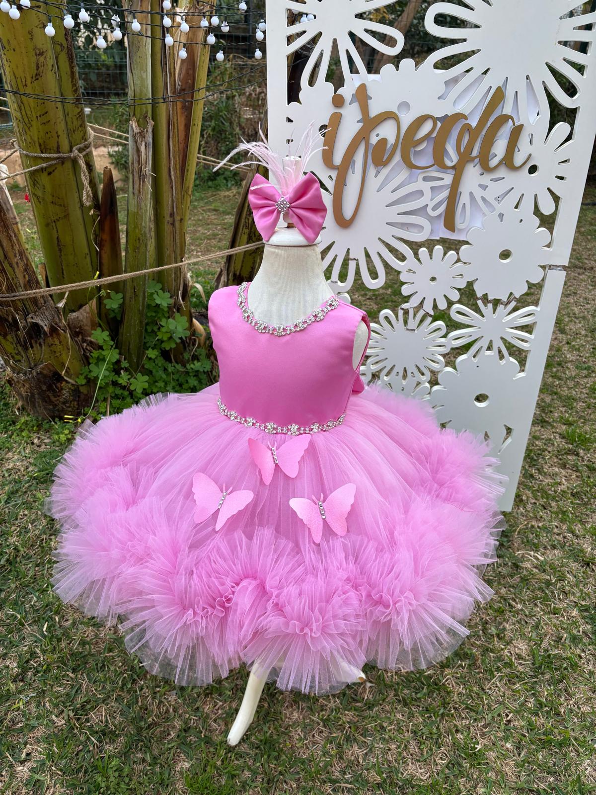 Pembe Kelebekli Taşlı Kız Çocuk Abiye - Bebek Parti Kostümü - ipeqakids – kız çocuk elbisesi