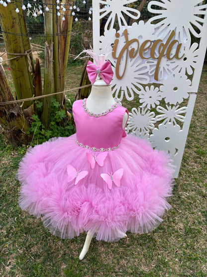 Pembe Kelebekli Taşlı Kız Çocuk Abiye - Bebek Parti Kostümü - ipeqakids – kız çocuk elbisesi